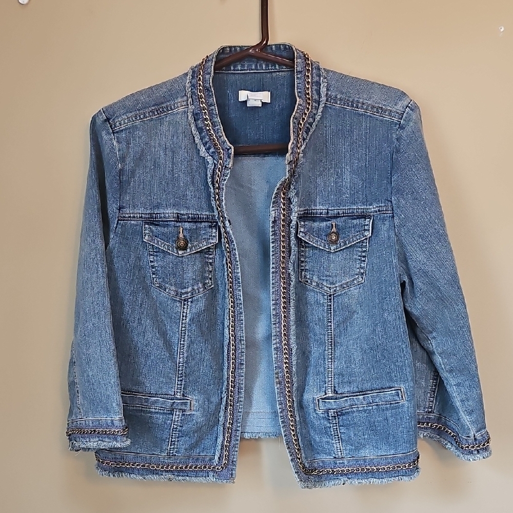 Chico's Light Blue Denim Jacket with Braided Trim